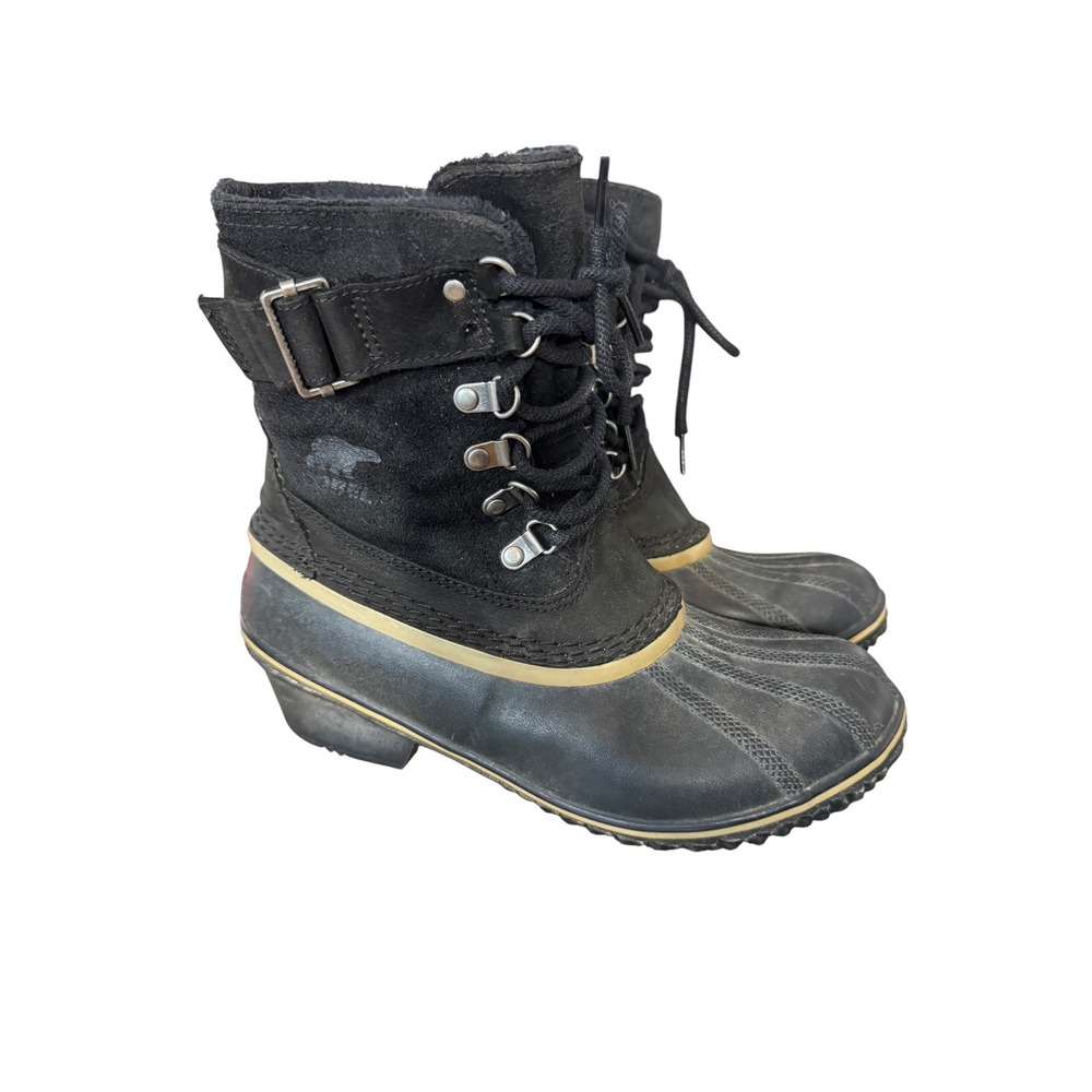 Sorel Slimpack Riding Black Suede Waterproof Duck Boots Heel Buckle Strap‎ 8